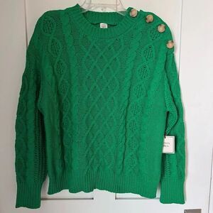 NWT Autres Filles Green Cable Knit Button  Classic Chunky Winter Cozy Sweater L